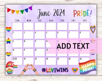 Calendrier de juin 2024 modifiable, imprimable | Calendrier LGBT d'été 2024 | Calendrier de juin du mois de la fierté heureuse | Calendrier de la fierté | Calendrier à remplir