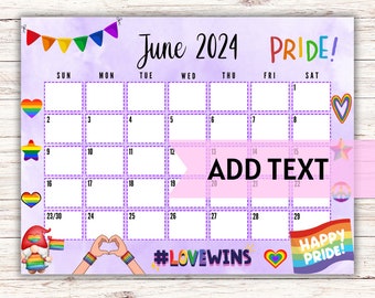 EDITIERBAR Druckbarer Kalender Juni 2024 | Sommer LGBT Kalender 2024 | Happy Pride Month Juni Kalender | Kalender Pride | Befüllbarer Kalender