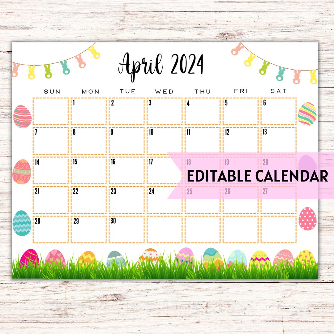 EDITABLE Printable April Calendar 2024 Adorable Easter Calendar W