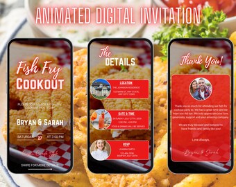 May include: Animated digital invitation for a fish fry cookout. The invitation displays on three smartphones, showcasing event details like date, time, location, and RSVP information. The design features a red and white checkered pattern and images of fried fish.