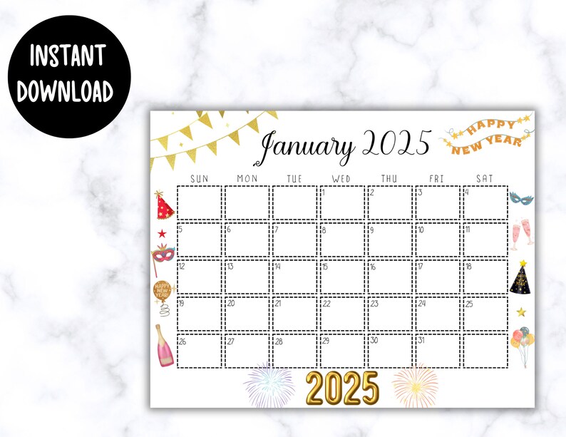 EDITABLE Printable January 2025 Calendar New Year's Day Themed Calendar