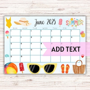 EDITIERBAR Juni Kalender 2025 | Niedlicher Juni Kalender mit Strandtasche | Druckbarer Kalender fürs Klassenzimmer | Familienkalender | Monatskalender