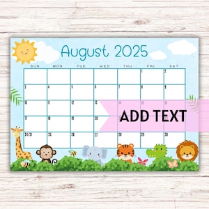 EDITABLE Printable August Calendar 2025 | Back To School Calendar | Preschool Calendar | Cute Zoo Animals August 2025 Calendar | Fillable