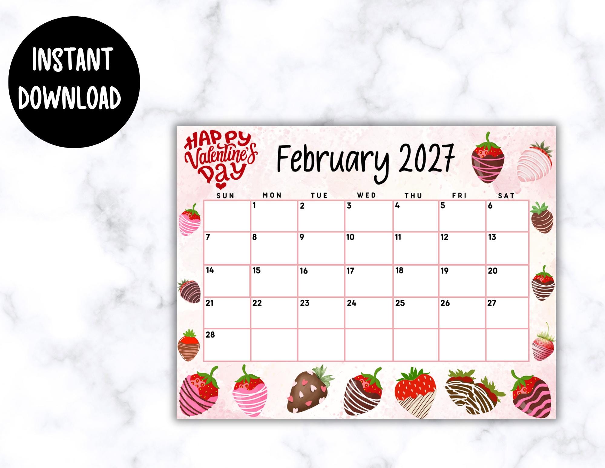 EDITABLE Printable February Calendar 2027 | Cute Valentine's Day February 2027 Calendar W/ Chocolate Covered Strawberries | Monthly Calendar - Etsy Israel