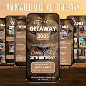 Könnte beinhalten: Ein digitaler Reiseplan für eine Mädelsreise nach Südafrika zum 30. Geburtstag von Carmen Smith. Der Reiseplan enthält Details über die Reise, einschließlich Daten, Kosten und RSVP-Informationen. Das Hintergrundbild zeigt einen Löwen.