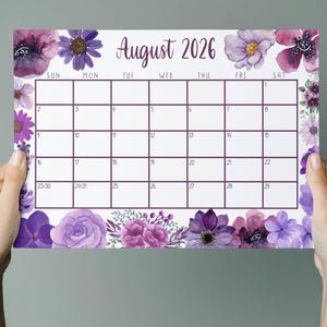 EDITABLE Printable August Calendar 2026 | Beautiful August Calendar w/ Purple Watercolor Flowers | August 2025 Calendar | Fillable Calendar image 4