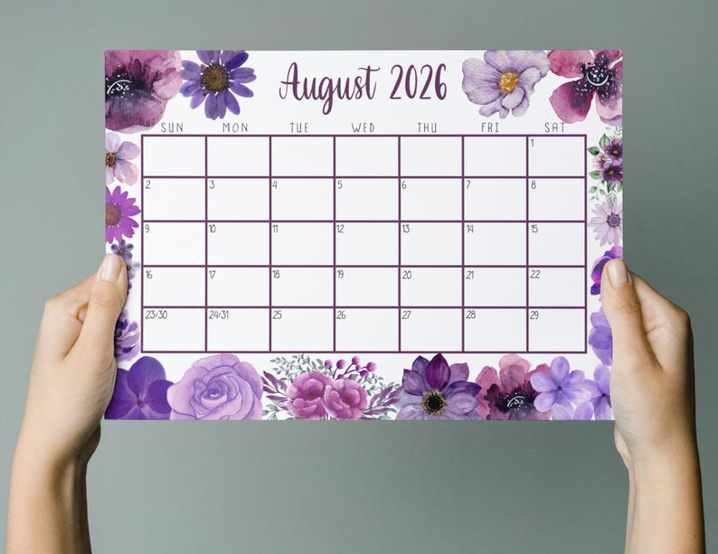 EDITABLE Printable August Calendar 2026 | Beautiful August Calendar w/ Purple Watercolor Flowers | August 2025 Calendar | Fillable Calendar image 4