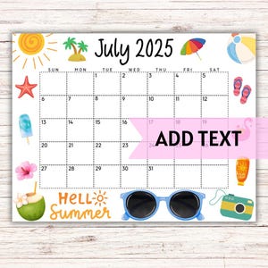 EDITABLE July Calendar 2025 | Cute Printable July Calendar W/ Rainbow Beach Umbrella | Family Schedule | Monthly Calendar | Summer Calendar