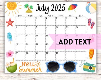 EDITABLE July Calendar 2025 | Cute Printable July Calendar W/ Rainbow Beach Umbrella | Family Schedule | Monthly Calendar | Summer Calendar