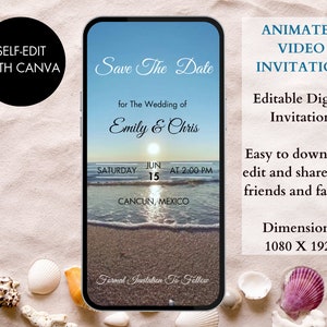 Destination Wedding Beach Digital Invitation | Animated with Waves | DIY Wedding Invite Template | Beach Wedding Evite | Easy To Edit