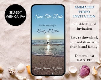 Destination Wedding Beach Digital Invitation | Animated with Waves | DIY Wedding Invite Template | Beach Wedding Evite | Easy To Edit