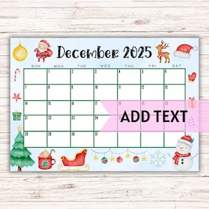 EDITABLE Printable December Calendar 2025 | Cute Christmas Calendar W/ Santa & Christmas Tree | Holiday Calendar | December 2025 Calendar