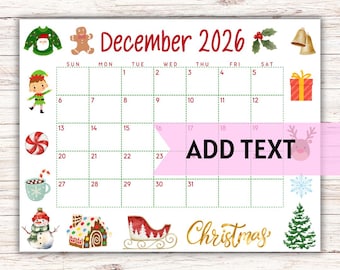 EDITABLE Printable December Calendar 2026 | Cute Christmas Themed Calendar W/ Gingerbread Man | Holiday Calendar | Classroom Calendar