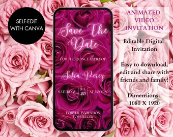 Pink Roses Quinceañera Save The Date Invite | Pink Floral and Neon | Digital Animated Mis Quince Años Invitation | DIY Editable Template.