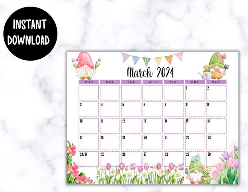 EDITABLE Printable March Calendar 2024 Watercolor Spring Gnomes