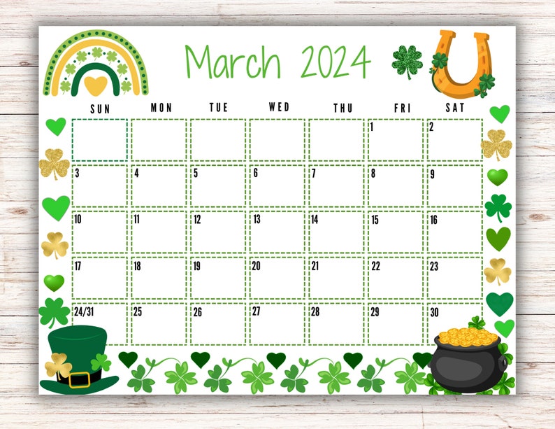 EDITABLE Printable March Calendar 2024 St. Patrick's Day Etsy