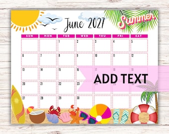 EDITABLE Printable June Calendar 2027 | Beach Themed Calendar W/ Sea Shells and Palm Trees | Summer Monthly Calendar | Fillable Calendar