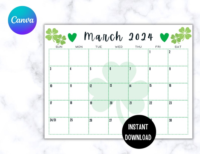 EDITABLE Printable March Calendar 2024 St. Patrick's Day Etsy