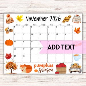 EDITABLE November 2026 Calendar | Printable Fall Calendar | Wall Calendar 2026 W/ Fall Leaves and Pumpkins | Monthly Classroom Calendar