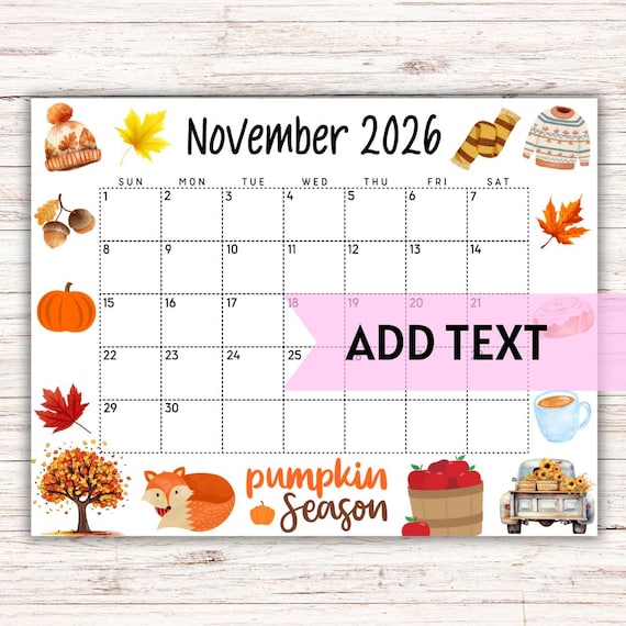 EDITABLE November 2026 Calendar | Printable Fall Calendar ...