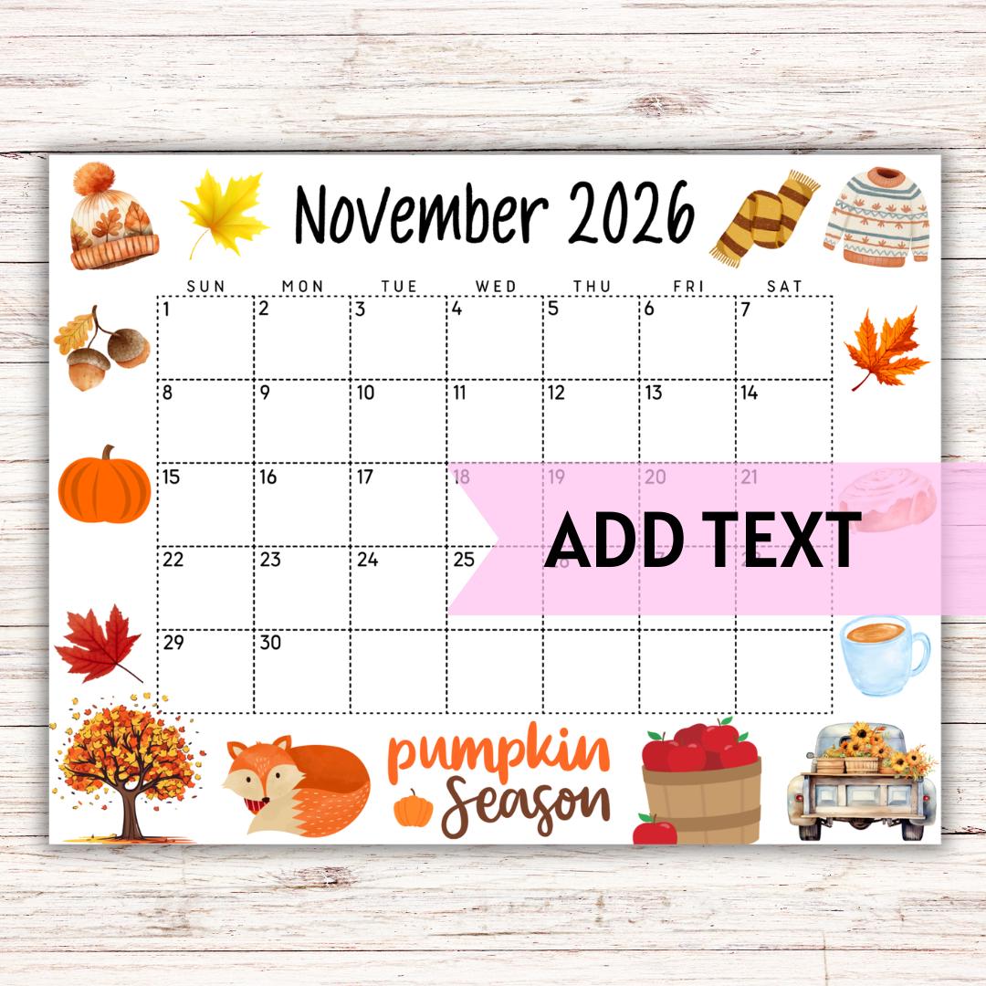EDITABLE November 2026 Calendar | Printable Fall Calendar ...