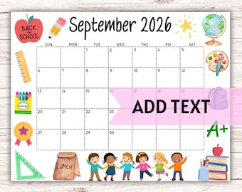 EDITABLE Printable September Calendar 2026 |  | Back To School September Calendar W/ School Kids | Classroom Calendar | Preschool Calendar