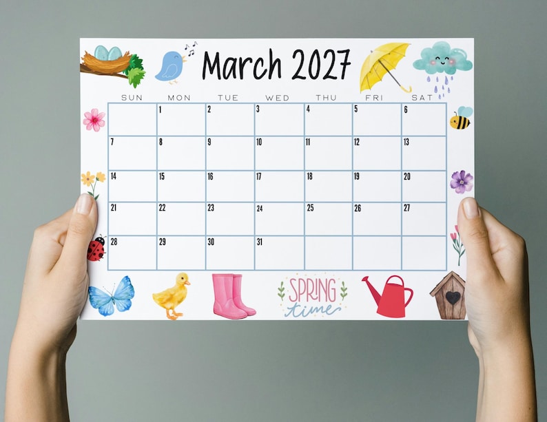 EDITABLE March 2027 Calendar | Cute Spring March 2027 Calendar W/ Rain ...