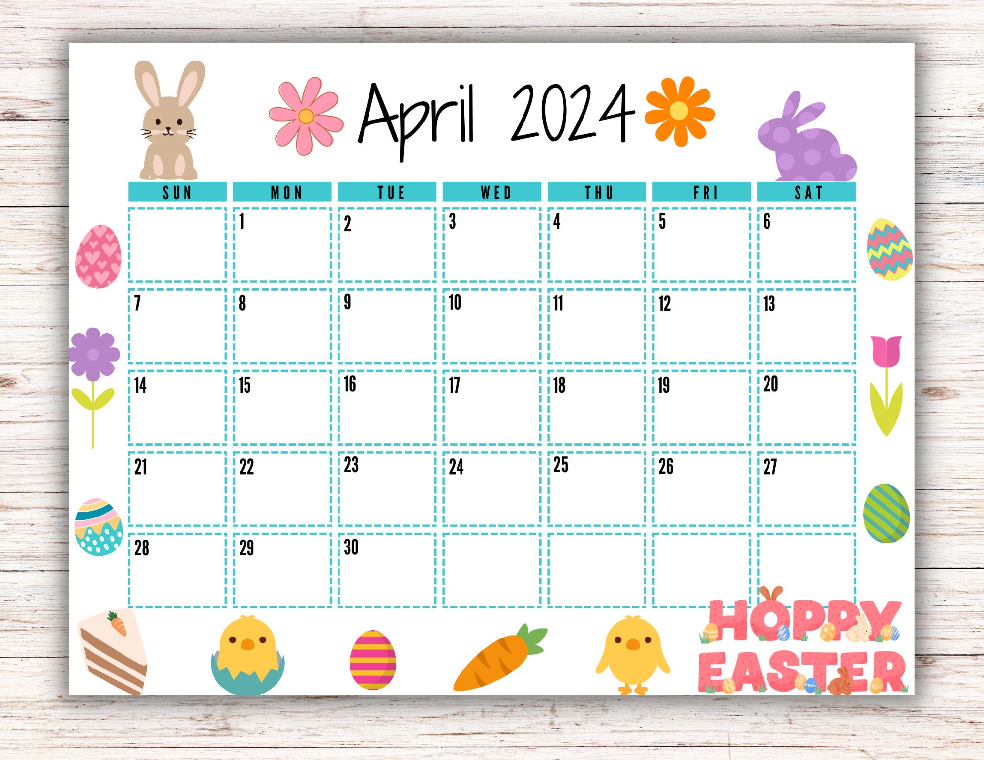 EDITABLE Printable April Calendar 2024 Cute Easter Calendar - Etsy