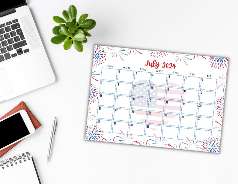 EDITABLE Printable July Calendar 2025 Cute 4th of July Calendar With
