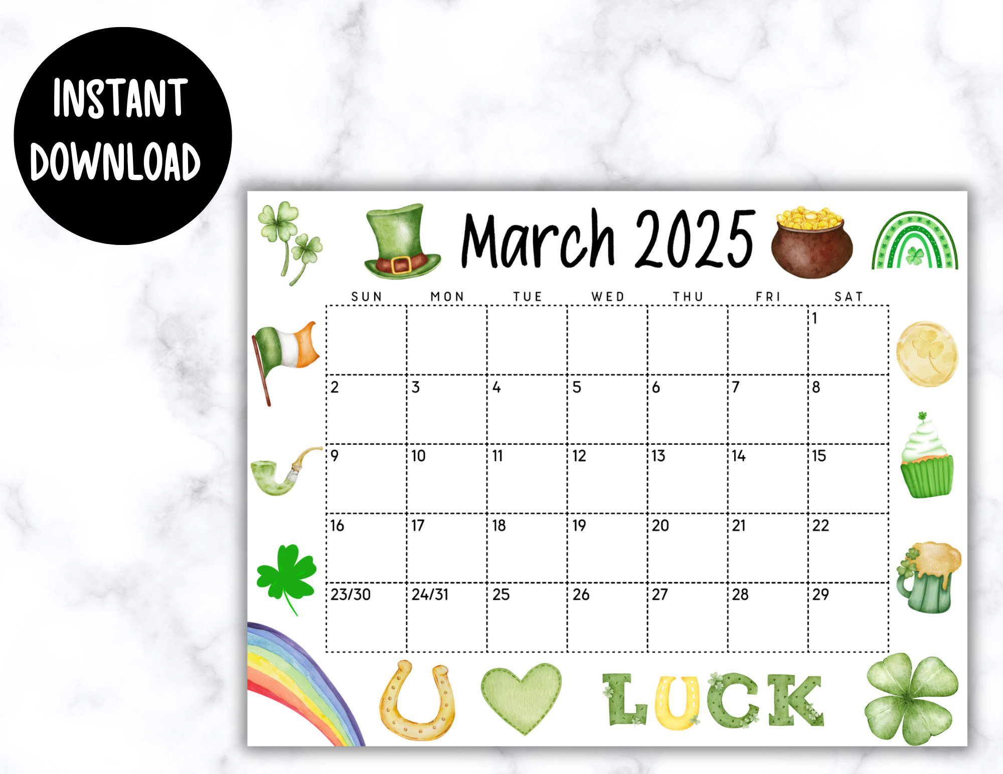 EDITABLE Printable March 2025 Calendar Cute St. Patrick