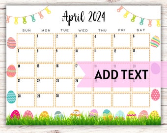 EDITABLE Printable April Calendar 2024 | Adorable Easter Calendar W/ Easter Eggs and Green Grass | April 2024 Calendar | Fillable Calendar