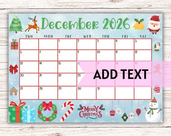 EDITABLE Printable December Calendar 2026 | Christmas Calendar W/ Santa & Gingerbread Man | Monthly Calendar | Family Wall Calendar