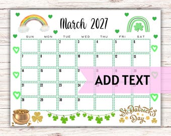 EDITABLE March 2027 Calendar | Printable St. Patrick's Day March Calendar W/ Neon Green Hearts | Monthly Calendar | Classroom Calendar