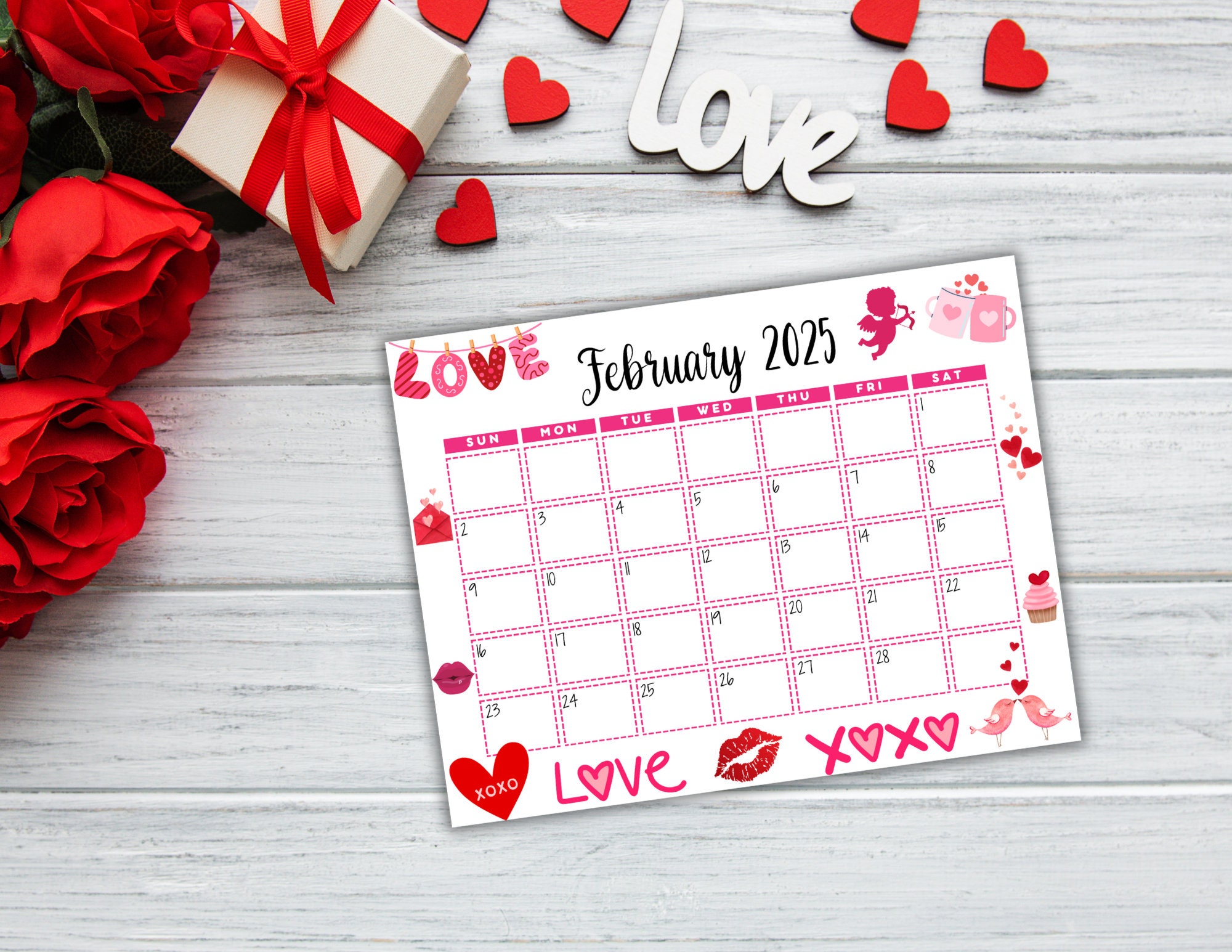 EDITABLE Printable February Calendar 2025 Cute Valentine