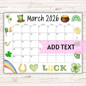 BEWERKBARE afdrukbare kalender maart 2026 | Leuke St. Patrick&#39;s Day-kalender voor maart met regenboog | Maandkalender | Klaskalender | Invulbaar