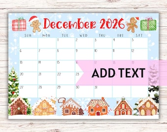 EDITABLE Printable December Calendar 2026 | Christmas December Calendar W/ Gingerbread Houses | Holiday Calendar | Family Wall Calendar