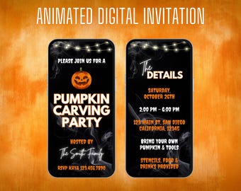 Może przedstawiać: Animowane cyfrowe zaproszenie na imprezę rzeźbienia dyni. Zaproszenie przedstawia wydrążoną dynię, tekst "Pumpkin Carving Party" oraz szczegóły dotyczące wydarzenia, w tym datę, godzinę, miejsce i informacje dotyczące RSVP.