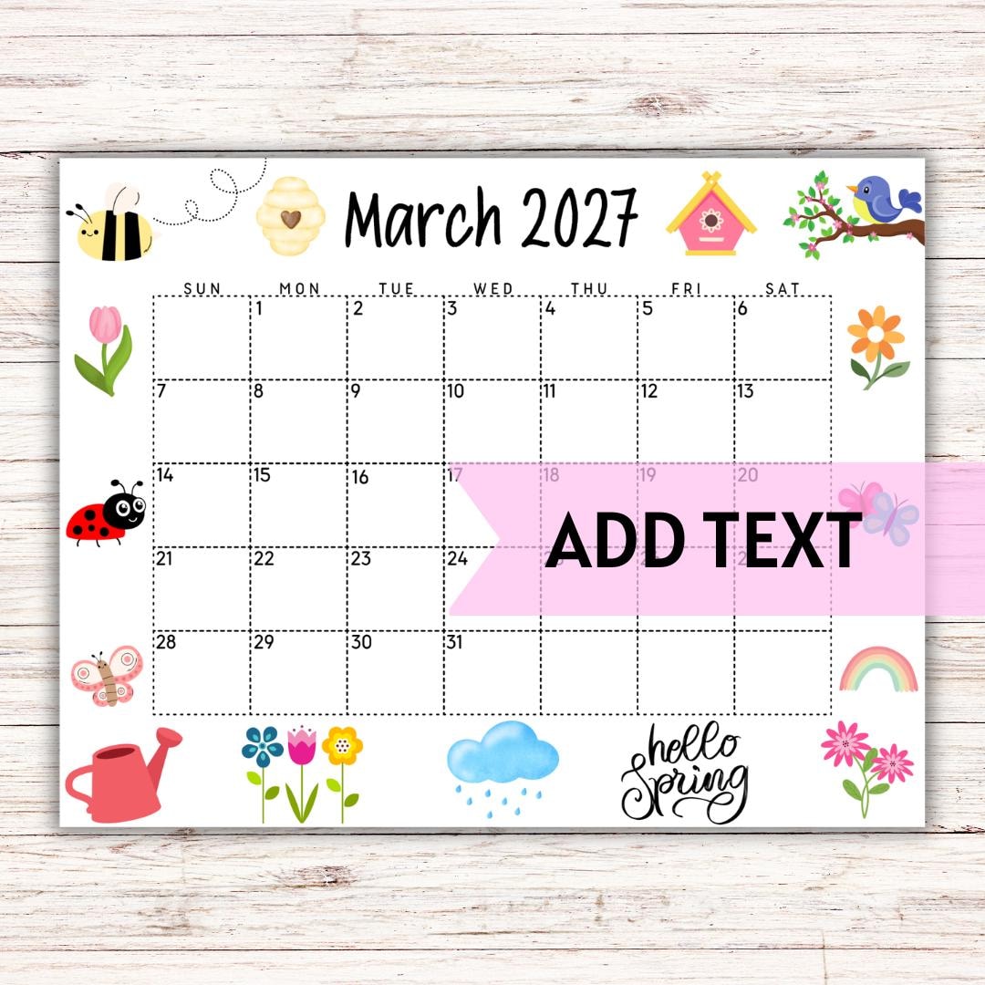EDITABLE March Calendar 2027  Monthly Calendar  Cute Spring  Calendar W/ Purple Rain Cloud  Vector Files   Pngtree