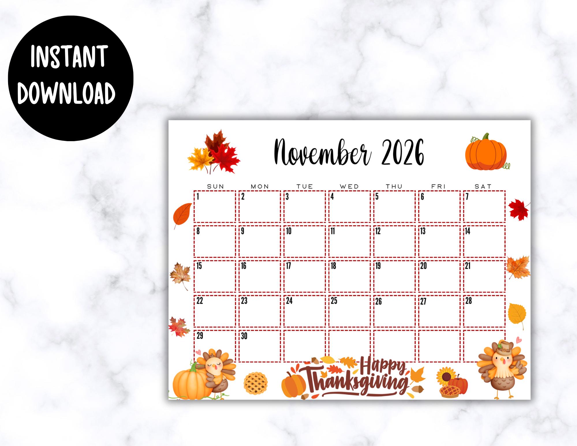 EDITABLE Printable November Calendar 2026 | Cute Turkey Thanksgiving ...