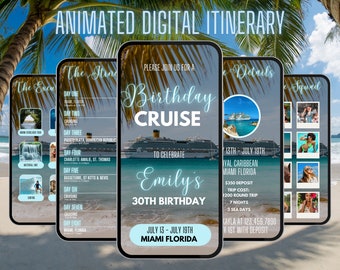 Pode incluir: Um convite digital para um cruzeiro de aniversário. O convite apresenta um navio de cruzeiro azul e branco, uma cena de praia azul e branca e o texto "Birthday Cruise" em uma fonte azul e branca. O convite também inclui o texto "Emily's 30th Birthday" e as datas "July 13 - July 19th, Miami Florida".
