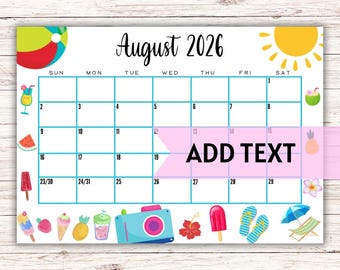 EDITABLE Printable August Calendar 2026 | Cute Summer Themed August Calendar | Classroom Calendar | August 2026 Calendar | Fillable Calendar
