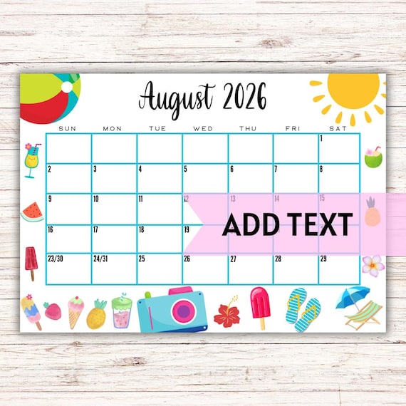 EDITABLE Printable August Calendar 2026 | Cute Summer Themed ...
