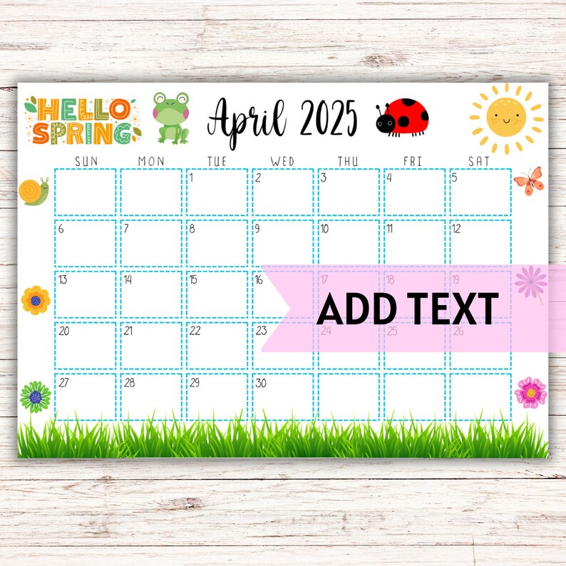 EDITABLE April Calendar 2025 Cute Spring Calendar W/ Green Grass