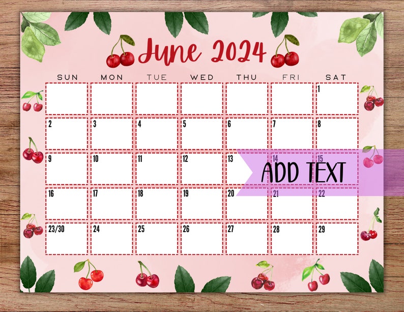 EDITABLE Printable June Calendar 2024 Cute Watercolor Cherry Etsy