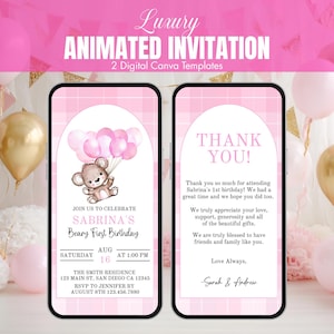 Digital Beary First Birthday Girl Invitation | Pink Bear Balloon 1st Birthday Phone Invite | Girl Teddy Bear Evite | 1st Birthday Invite