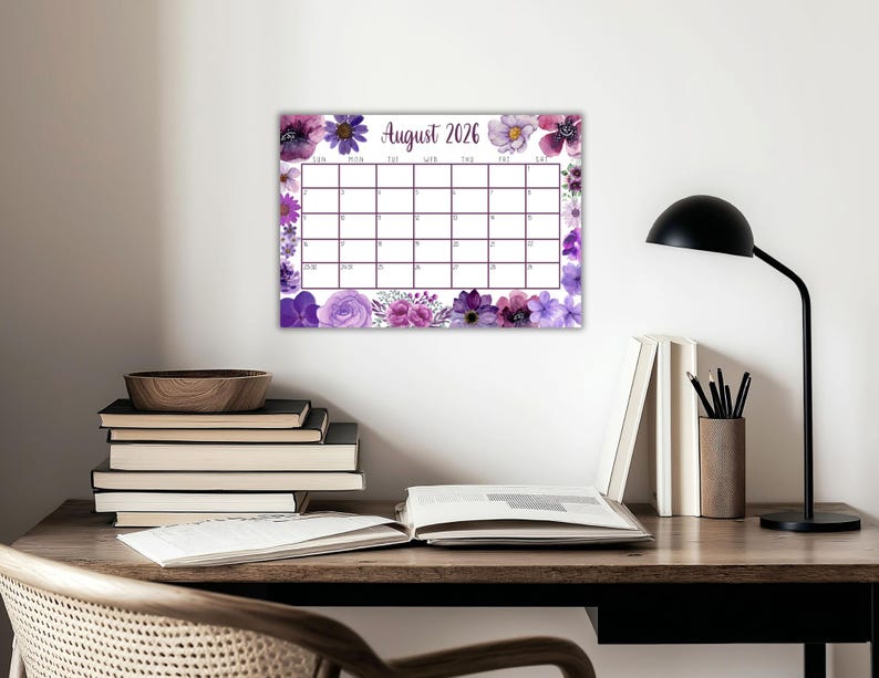 EDITABLE Printable August Calendar 2026 | Beautiful August Calendar w/ Purple Watercolor Flowers | August 2025 Calendar | Fillable Calendar image 5
