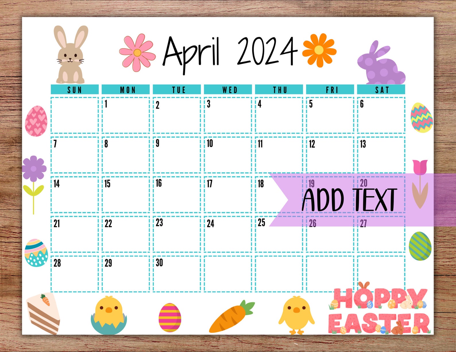 EDITABLE Printable April Calendar 2024 Cute Easter Calendar Etsy