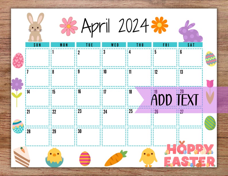 EDITABLE Printable April Calendar 2024 Cute Easter Calendar Etsy