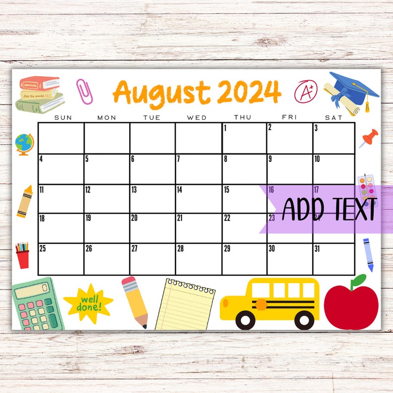 EDITABLE Printable August Calendar 2024 Back to School Etsy Australia