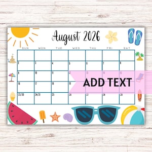 Calendario de agosto de 2026 imprimible y editable / Lindo calendario de verano con conchas y gafas de sol / Calendario mensual de verano / Rellenable
